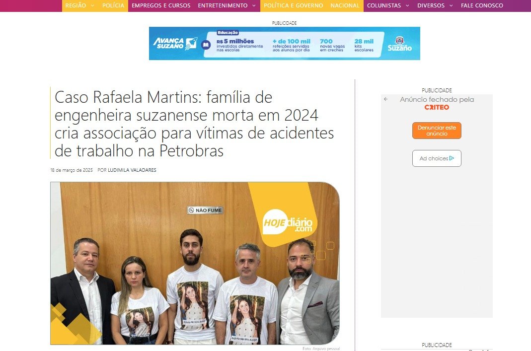 Caso Rafaela Martins: família de engenheira suzanense morta em 2024 cria associação para vítimas de acidentes de trabalho na Petrobras