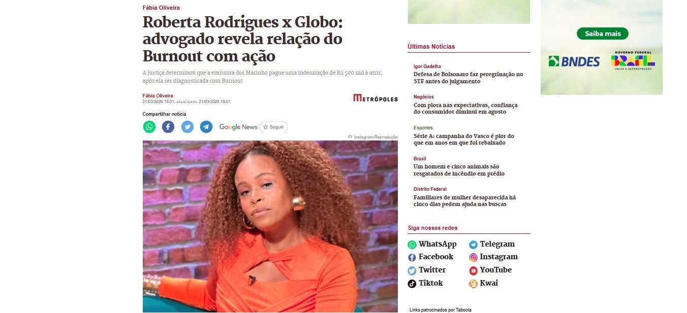 Roberta Rodrigues x Globo: advogado revela relação do Burnout com ação